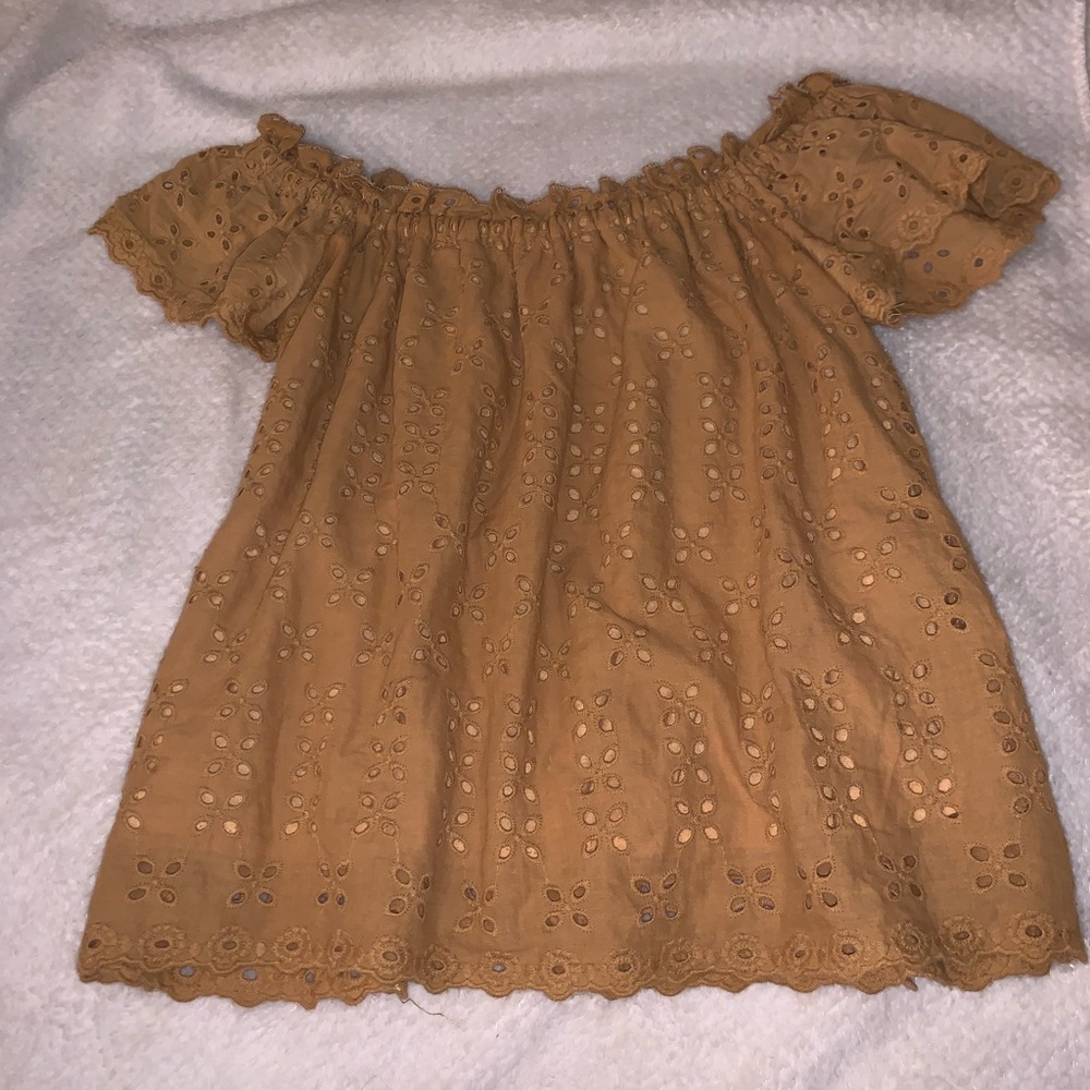 off the shoulder camel blouse